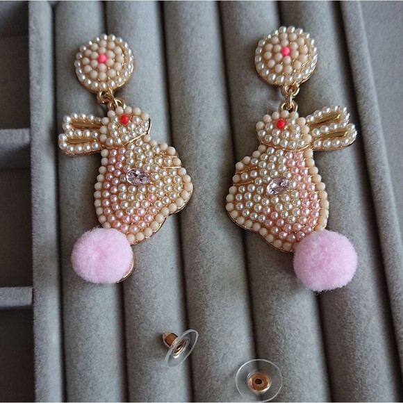 Bunny Rabbit Beaded Dangle Earrings for Easter - Picture 2 of 8